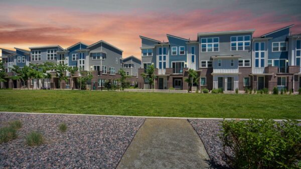 Platt Park Townhomes exterior rendering of the townhomes at dusk