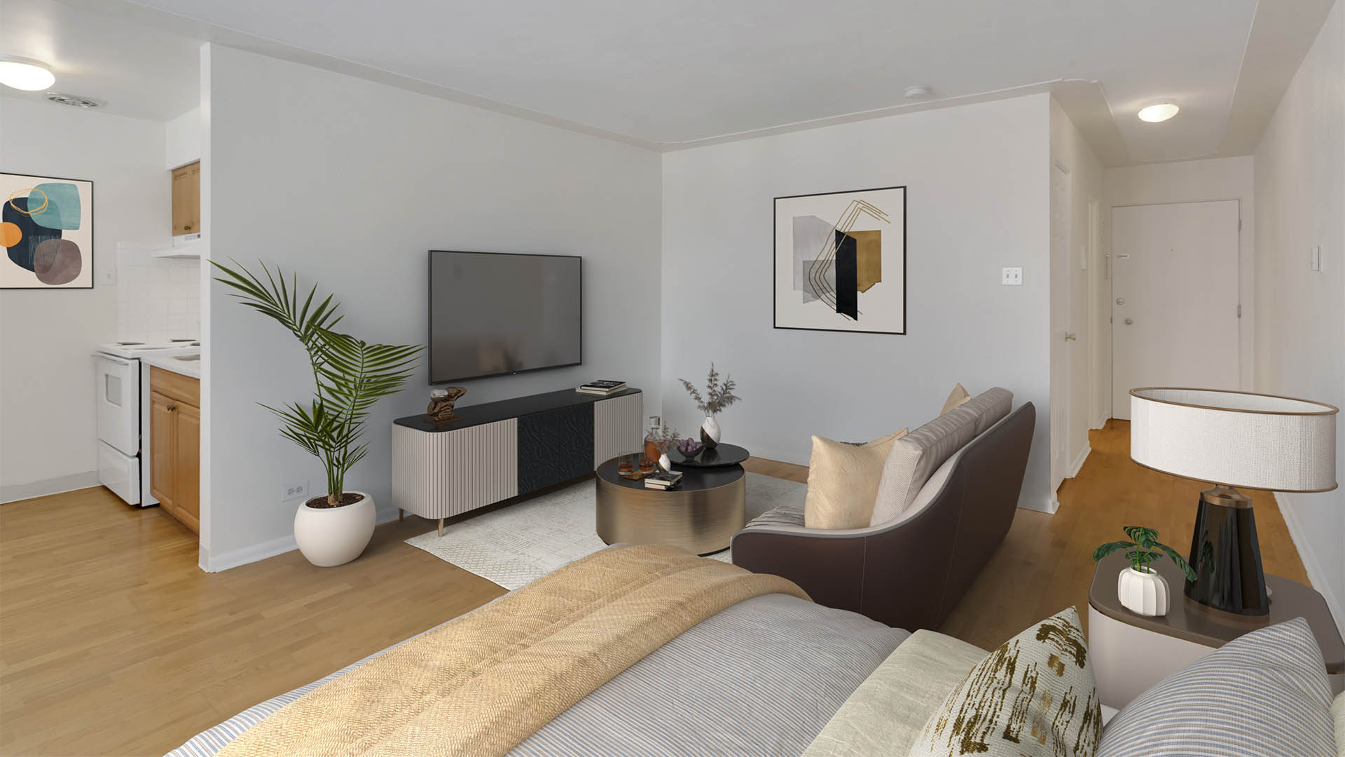 Rendering of 60 Corona apartment living area with furniture and wall art.