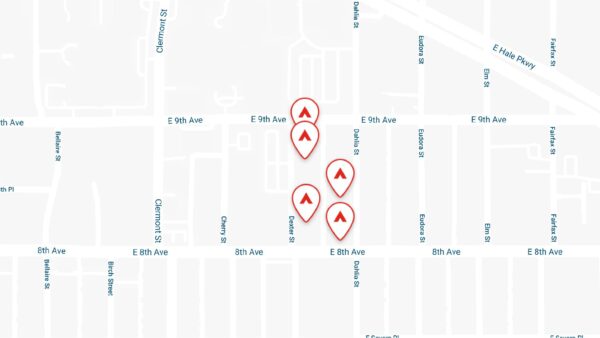Map showing location of Dexters and Dahlias apartments between 8th and 9th avenue in Denver.