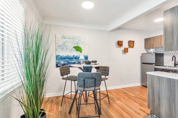 Dining and kitchen area with wood floor, tall dining table, stainless steel appliances, and potted plant.