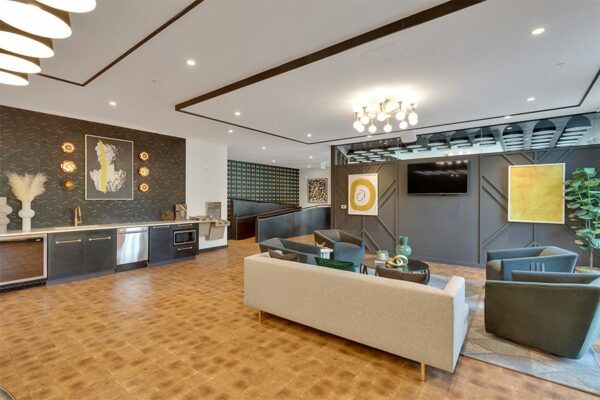 Lounge with modern light fixture, comfortable plush furniture, artwork, and community kitchen.