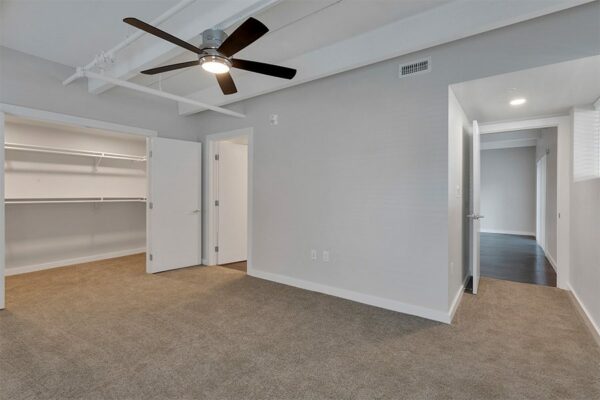 Bedroom with carpet, grey walls, white trim, ceiling fan, and doors to living area, bathroom and closet.