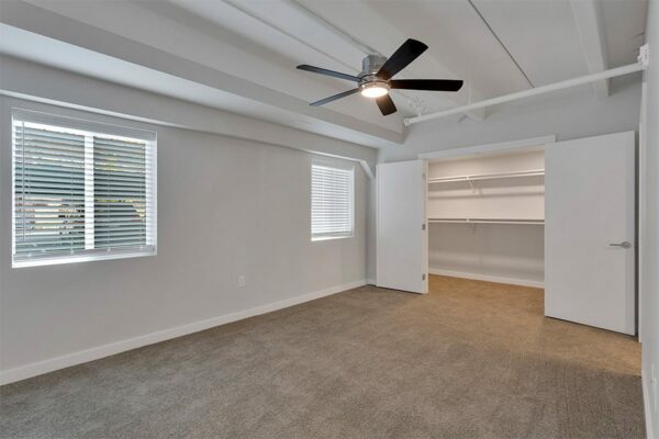Bedroom with carpet, grey walls, ceiling fan, and large closet.