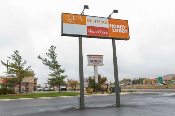 Shopping center with signs for Ulta, Sierra Trading, Home Goods, and Hobby Lobby.