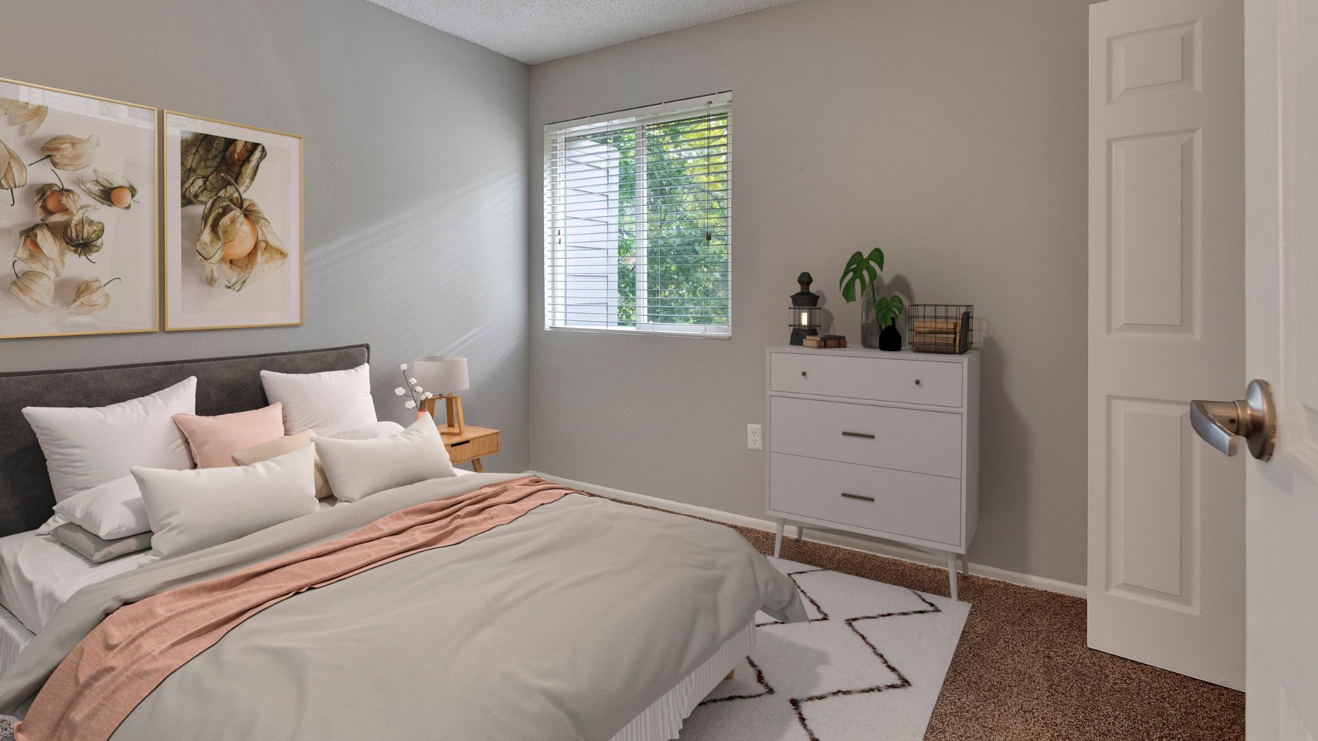 bedroom with bed, large window, and dresser