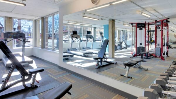 gym with bench, dumbbells, and treadmill