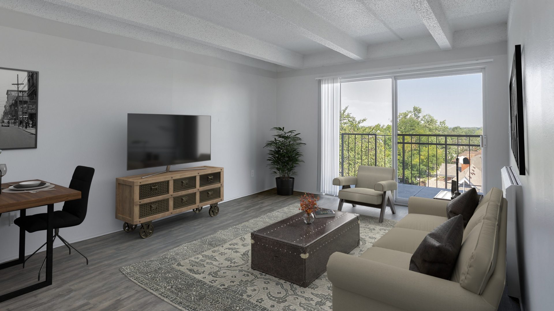 living room with tv and large balcony