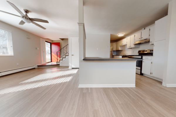 View of kitchen and living room of two-bedroom townhome