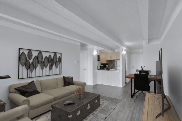 living room with balcony and dining table with views of kitchen