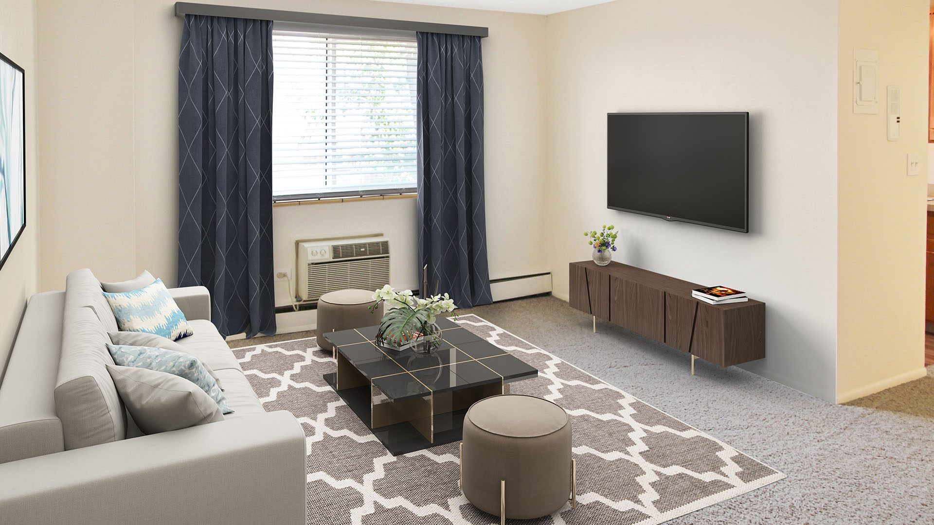 Rendering of a living room with white walls, gray carpet, and a large window.