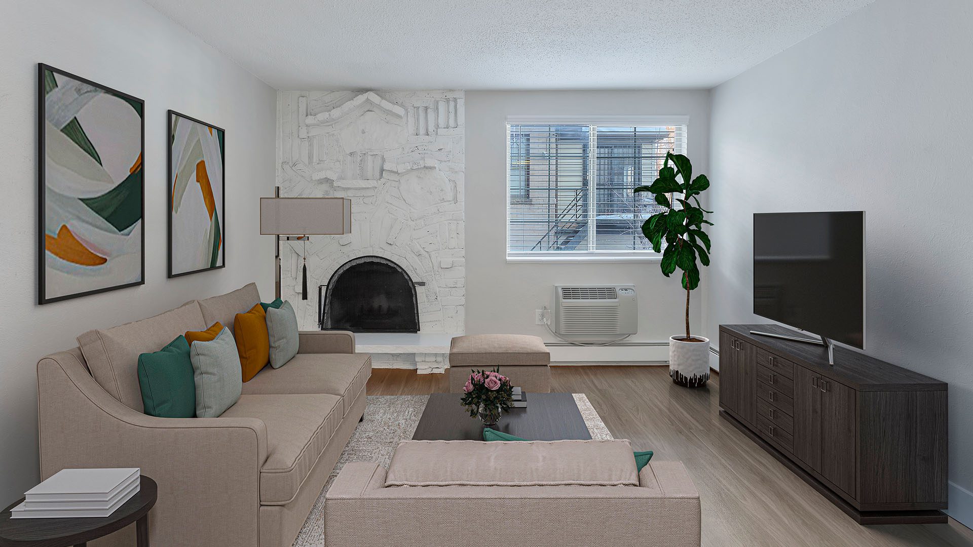 Rendering of a living room with wood floors covered by a carpet, white walls, and a fireplace.