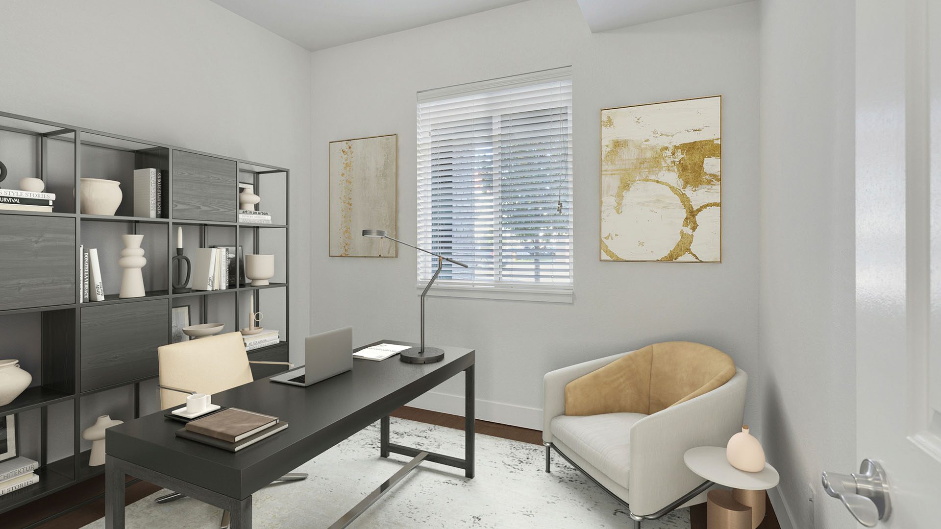 Rendering of an office with wood floors, a window, and a closet.