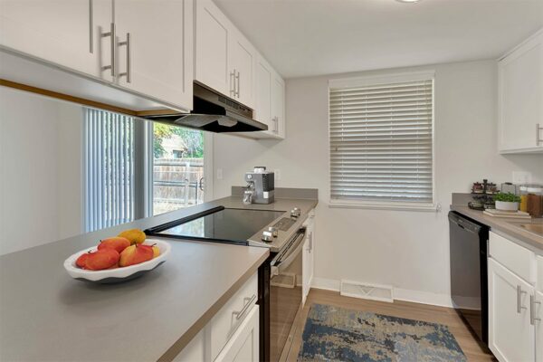 Kitchen with stainless steel appliances.