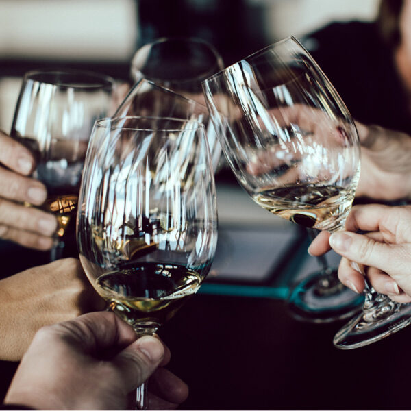 Six people toasting with wine glasses.