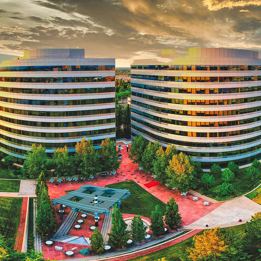 Office buildings with grass park in Denver Tech Center.