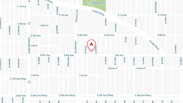 Map showing location of 833 Dexter apartments on Dexter street north of 8th Avenue in Denver.