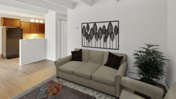 living room with couch and view into kitchen