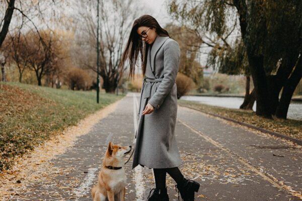 Person with long brown hair in grey trench coat and tall boots walking shiba inu dog on tree lined path.