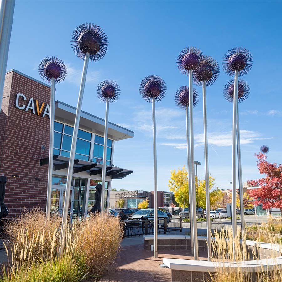Outdoor seating area and shopping area.