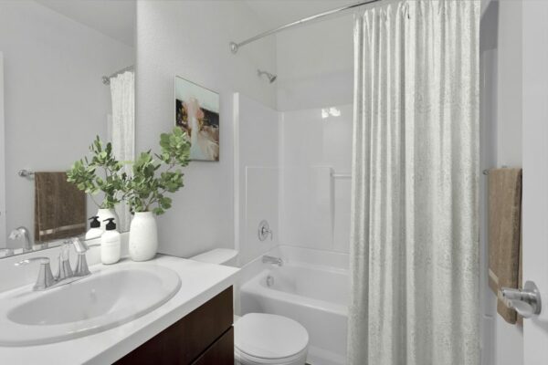 Rendering of a bathroom with a full shower, dark wood cabinets, and white countertops.