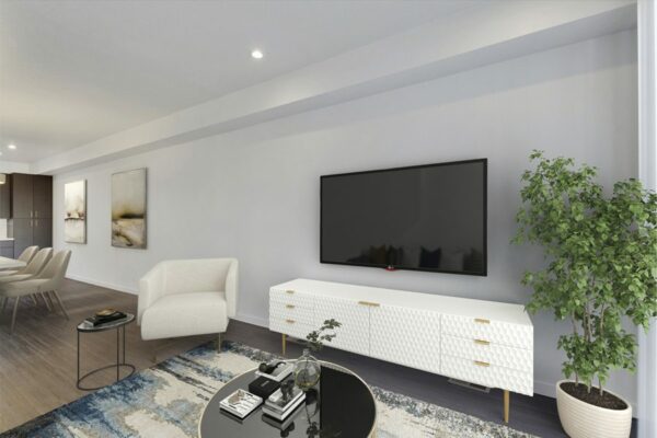 Rendering of a living room with wood floors and white walls.