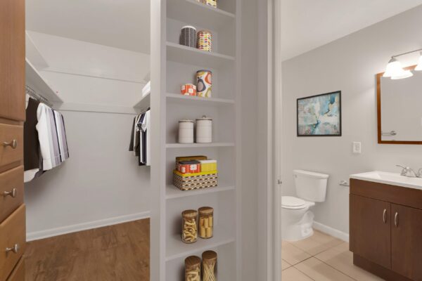 Bathroom and closet with shelves and clothes rods.