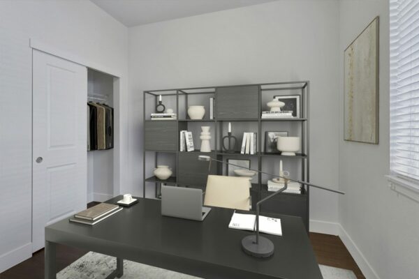 Rendering of an office with wood floors, a window, and a closet.