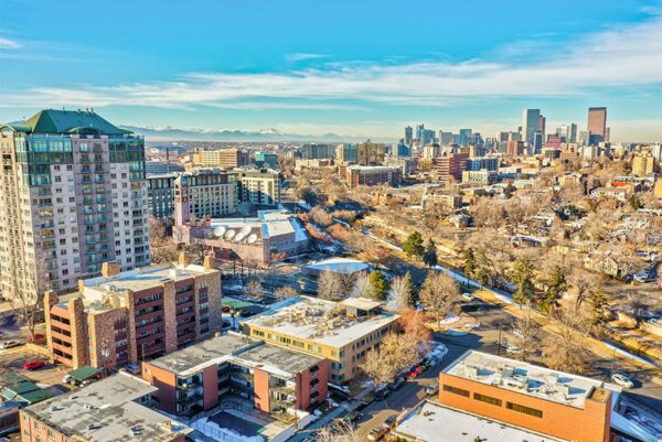 Aerial view of 550 East 3rd Avenue looking northwest towards downtown Denver.