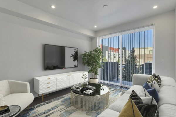 Rending of a living room with balcony doors, carpet over dark floors, and white walls.