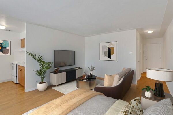 Rendering of a living room with wood floors and white walls.