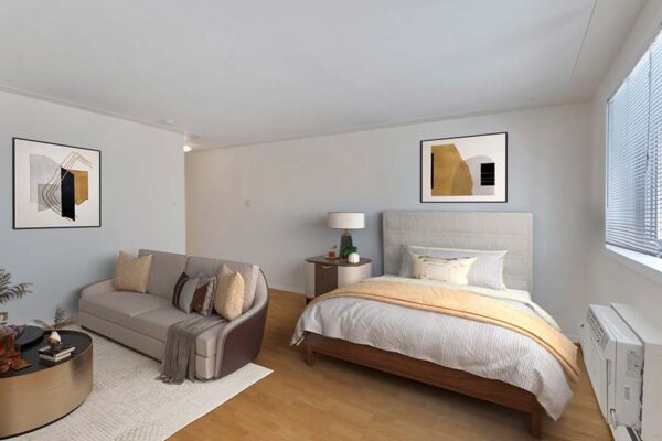 Rendering of a bedroom with wood floors, white walls, and a seating area.