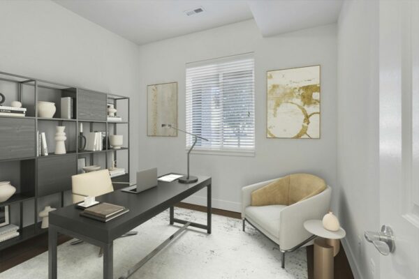 Rendering of an office with wood floors, a window, and a closet.