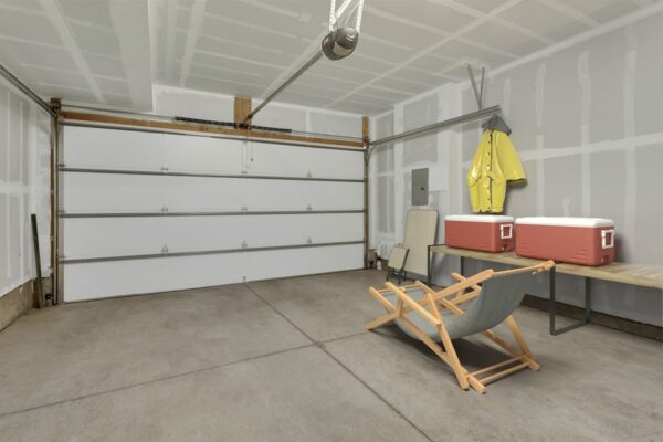Rendering of a garage with storage.