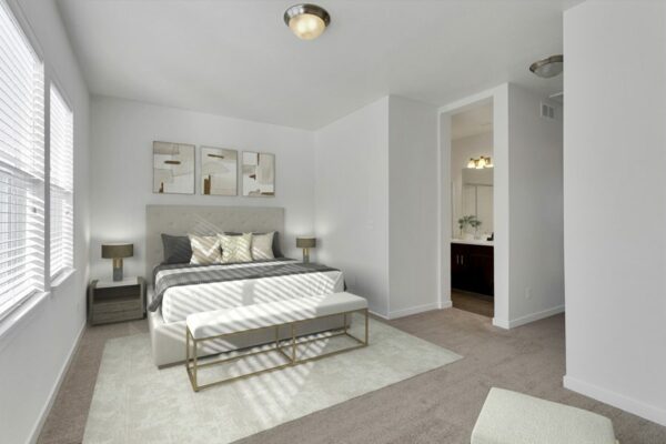 Rendering of a bedroom with large windows, carpet, and white walls.