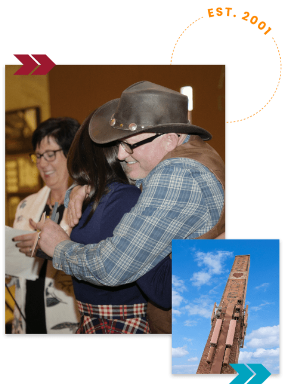 Photo collage of people hugging and the brick tower at RedPeak.