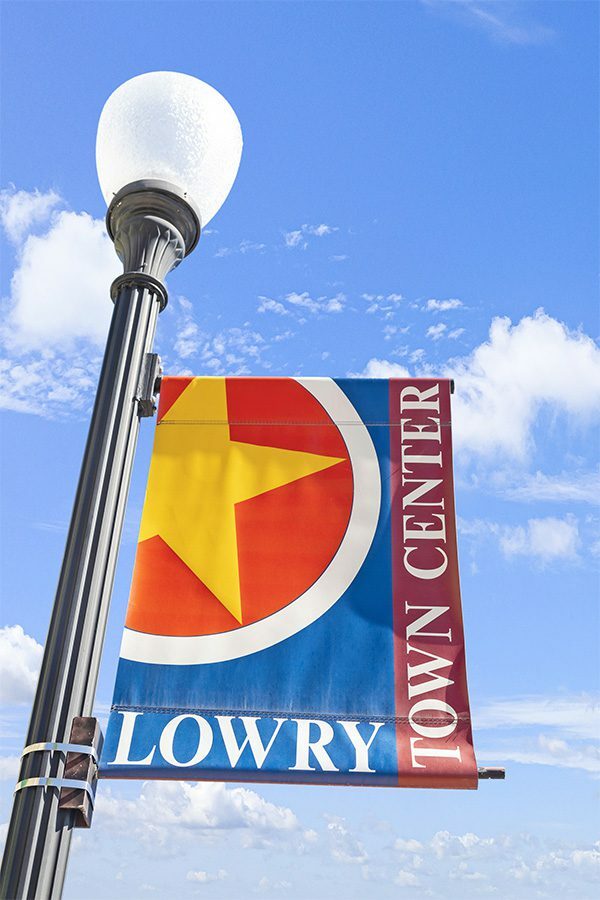 Lamp post with sign for Lowry Town Center.