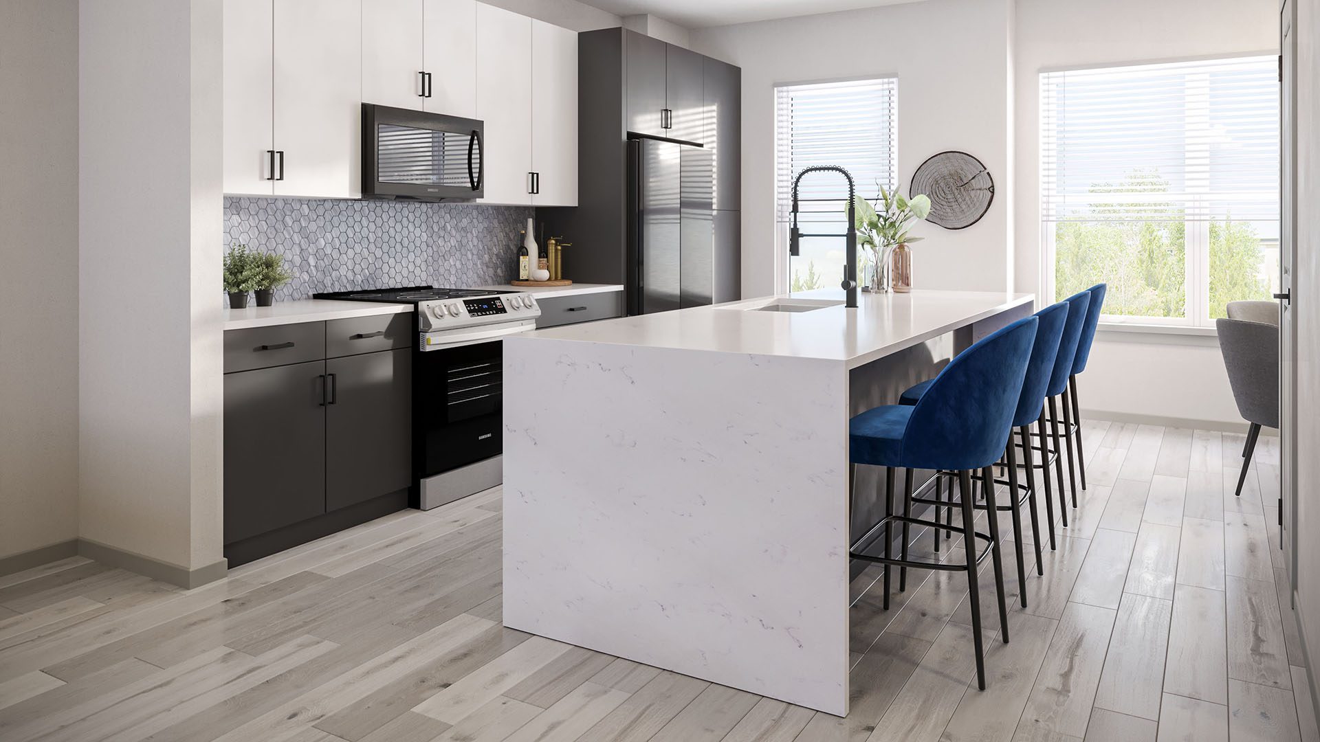 Kitchen with wood tile floor, dark cabinets, light counters, and dark appliances.