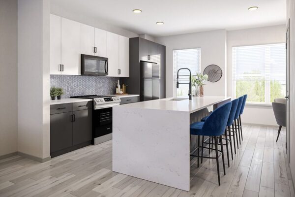 Kitchen with wood tile floor, dark cabinets, light counters, and dark appliances.