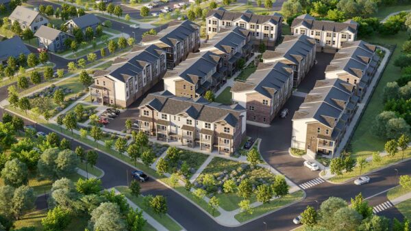 Aerial rendering of the Allyson Townhomes.