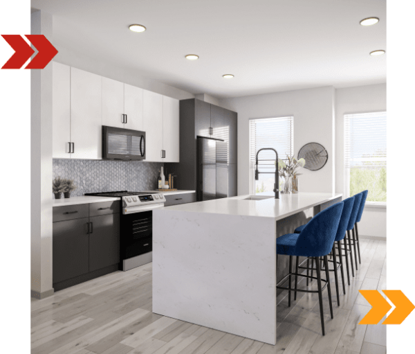 Kitchen area with modern appliances, kitchen island, and bright eating area.