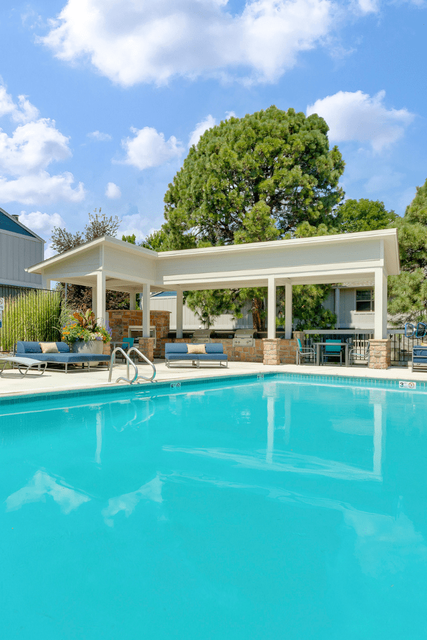 sparkling swimming pool with grill station