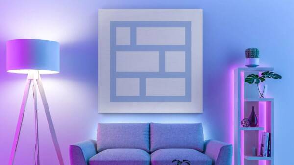 Colorfully lit living room with eclectic decor and large Bilt Rewards logo.