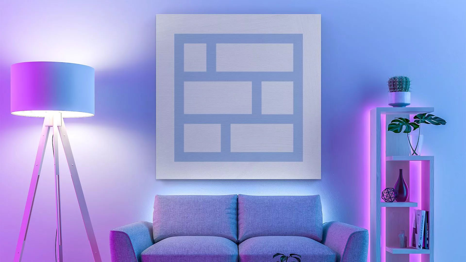 Colorfully lit living room with eclectic decor and large Bilt Rewards logo.