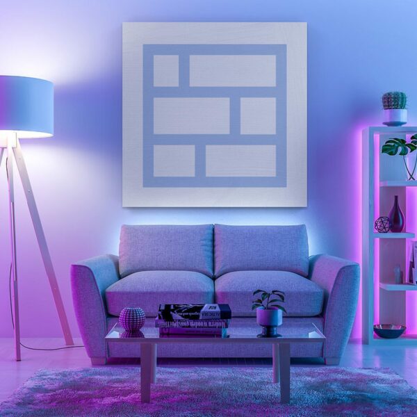 Colorfully lit living room with eclectic decor and large Bilt Rewards logo.