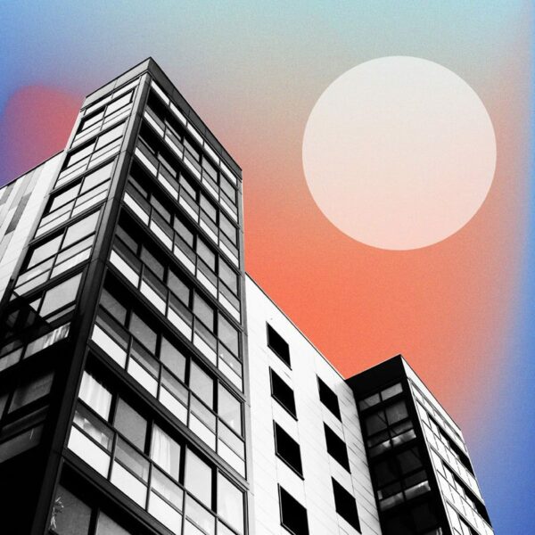 Stylish apartment building with colorful gradient sky and white circle.