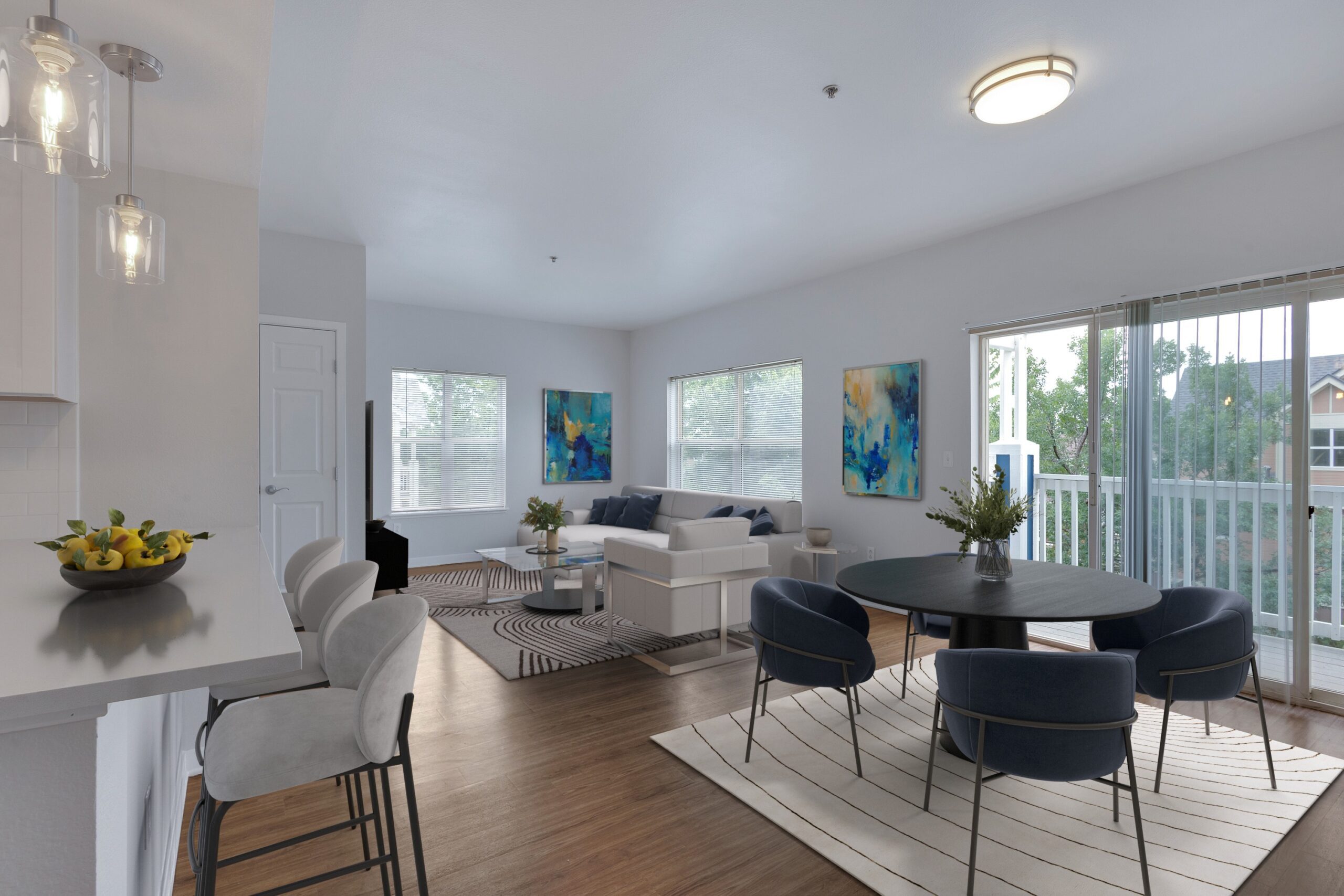 large living room with dining table, couch, and tv