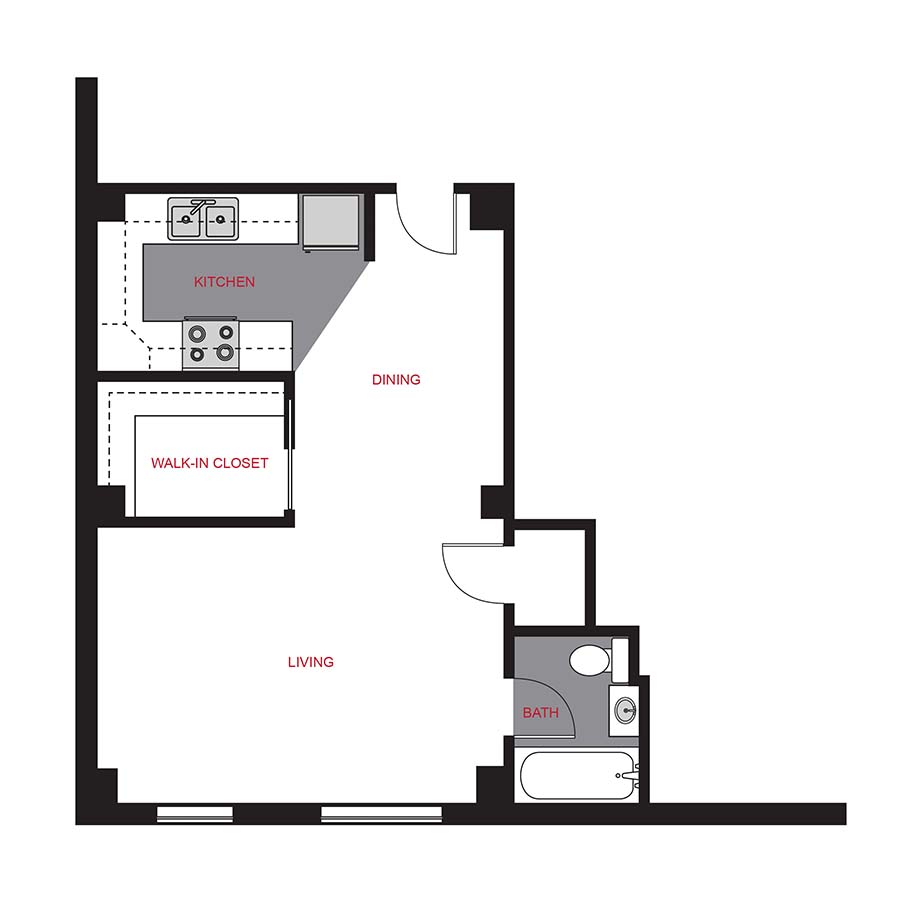 Rendering of the Plan S6 - Studio floor plan with a Studio bedroom and 1 bathroom[s] at The Novelist