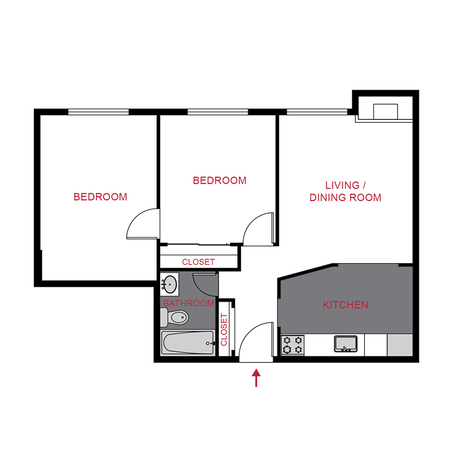 Rendering of the B1 floor plan with 2 bedroom[s] and 1 bathroom[s] at 899 Washington