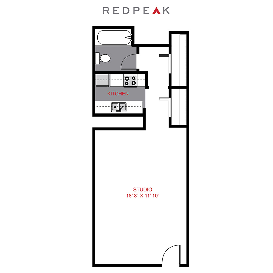 Rendering of the Plan S - Studio floor plan with a Studio bedroom and 1 bathroom[s] at 833 Dexter
