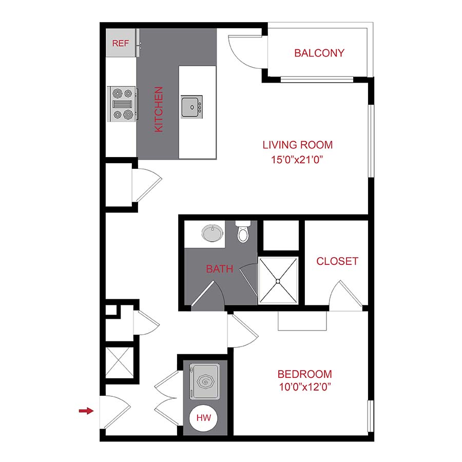 Rendering of the The Brewer floor plan with 1 bedroom[s] and 1 bathroom[s] at 7/S Denver Haus